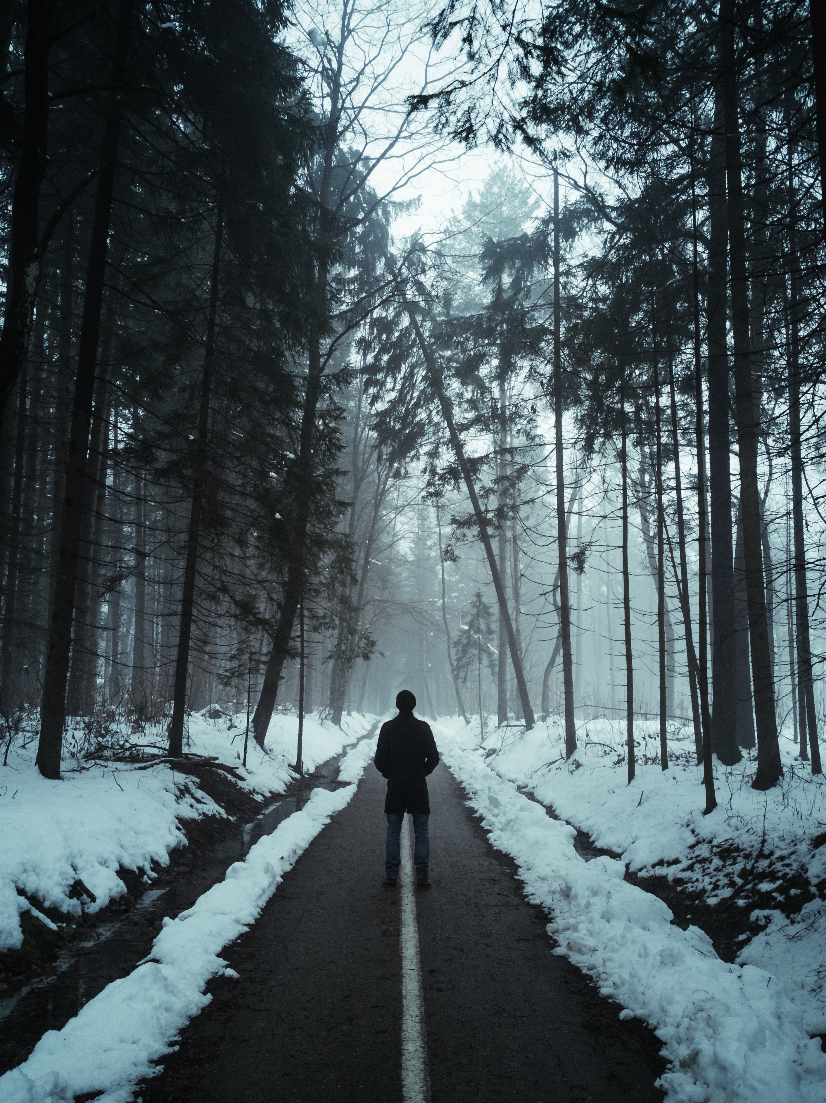 A man standing alone in the snow